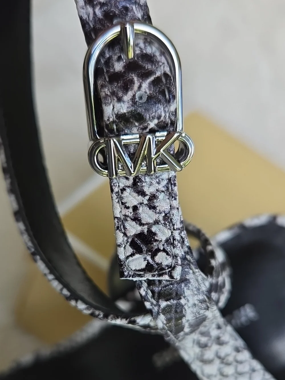 Michael Kors Black and White Snake-Print Block Heel Sandals